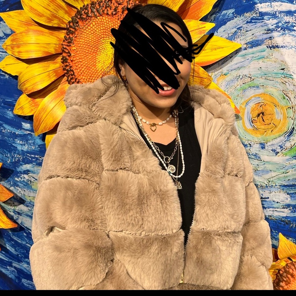 Beige faux fur hooded jacket by bcbgmaxazria